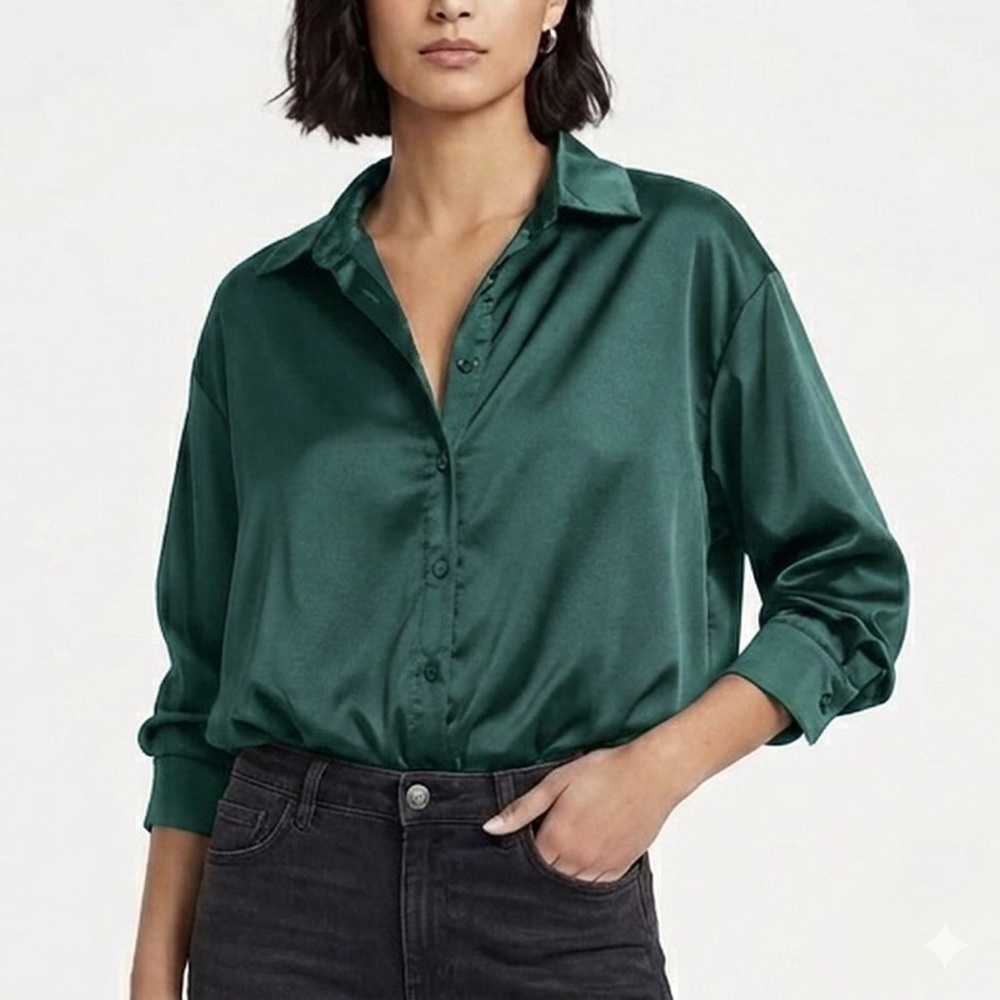 Emery Rose Green Satin Oversized Button Down Long Sleeve Shirt Size Large